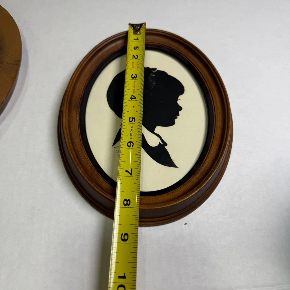 Vintage 1982 Signed Silhouette Portraits Pair Oval Wood Frames Made in Finland